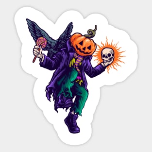 Halloween pumpkin head man with skull in hand Sticker